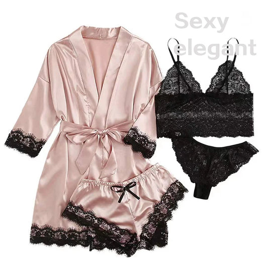 4 Pieces Woman Sleepwear Pajamas Ser With Robe